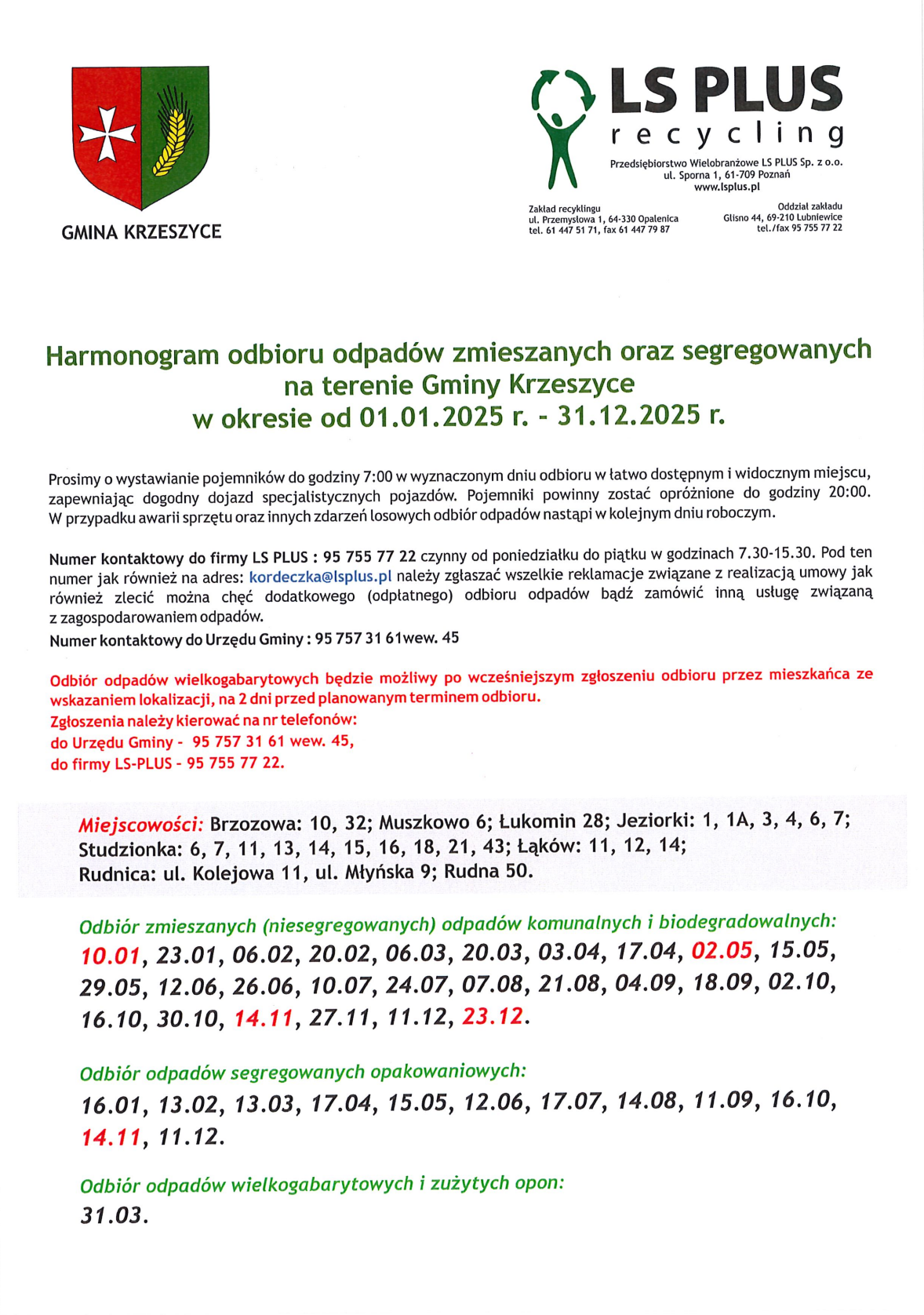 Harmonogram odpadów